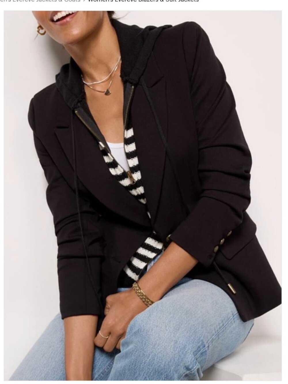 Evereve Dawson Blazer Black with hoodie Striped Insert Dickey. size XS. NWT
